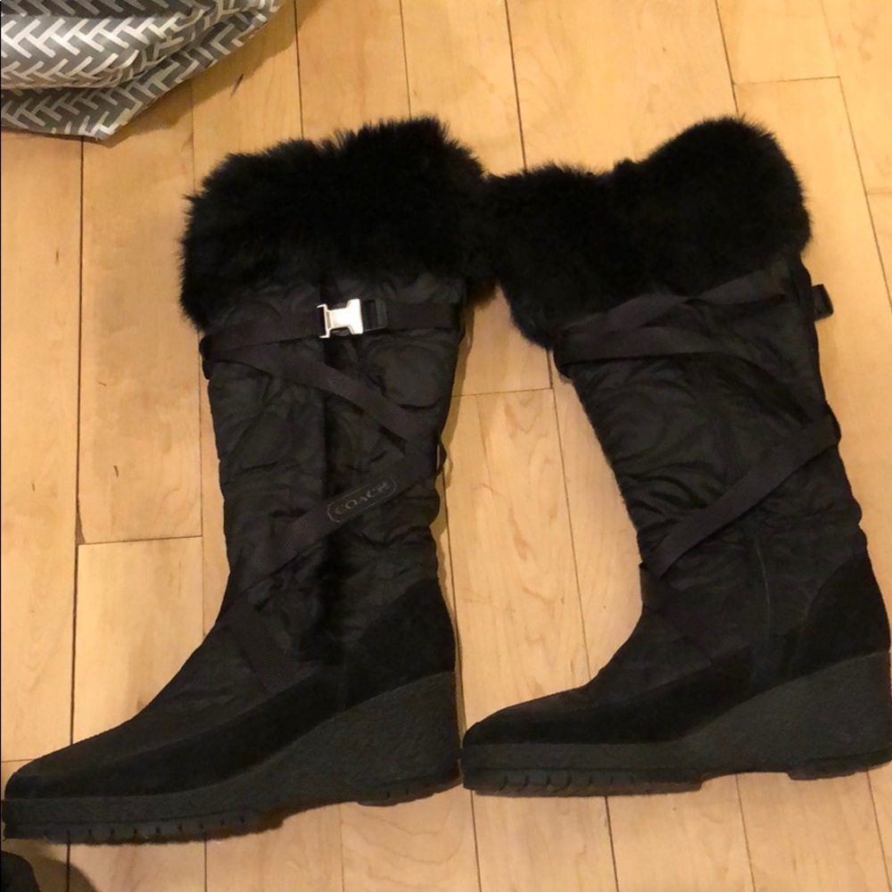 Coach MacKenzie quilted rabbit fur wedge boots